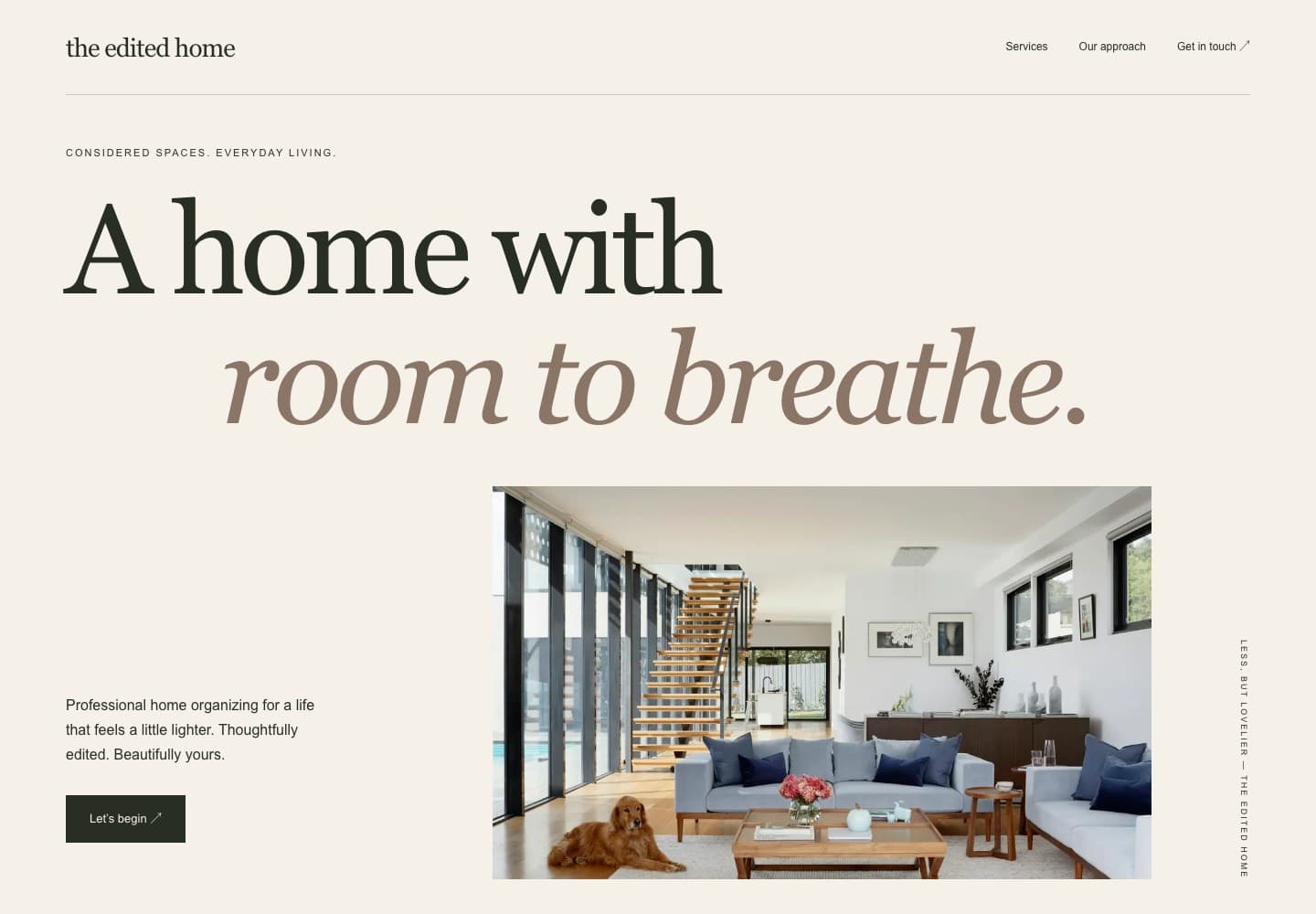 The Edited Home design, with editorial typography and a warm living room